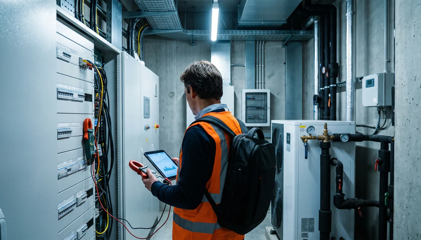 Energieadviseur met tablet en stroomtang in de technische ruimte van een kantoorgebouw naast een verdeelkast en een warmtepomp
