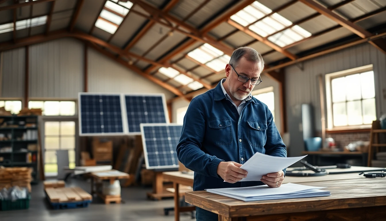 Nederlandse MKB-werkplaats met zonnepanelen op dak, ondernemer bij werkbank met paperwork